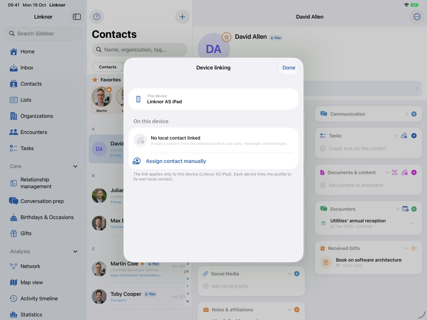 Liaison de l’appareil sans contact local, avec « Attribuer le contact manuellement »
