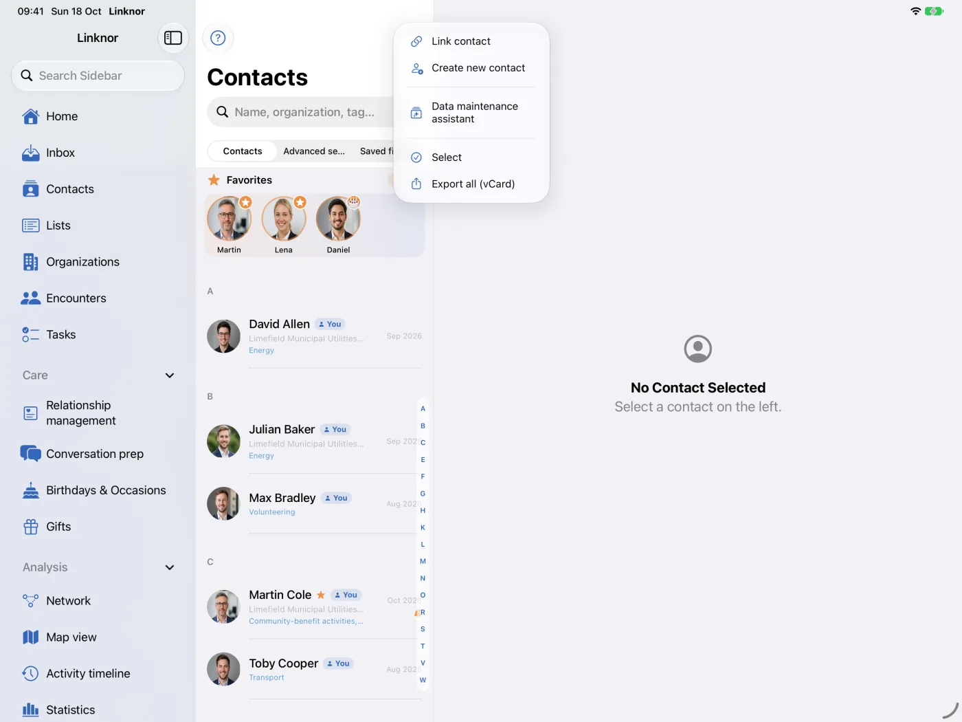 Menu plus avec « Associer un contact », « Créer un contact » et d’autres actions