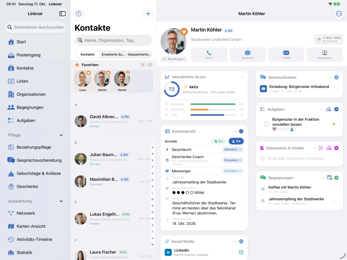 Kontakte in drei Spalten mit zweispaltigem Profil