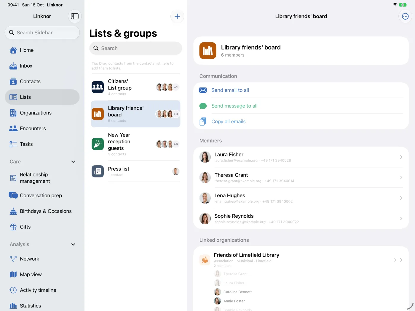 En-tête de liste avec la communication et les membres, avec e-mail et téléphone