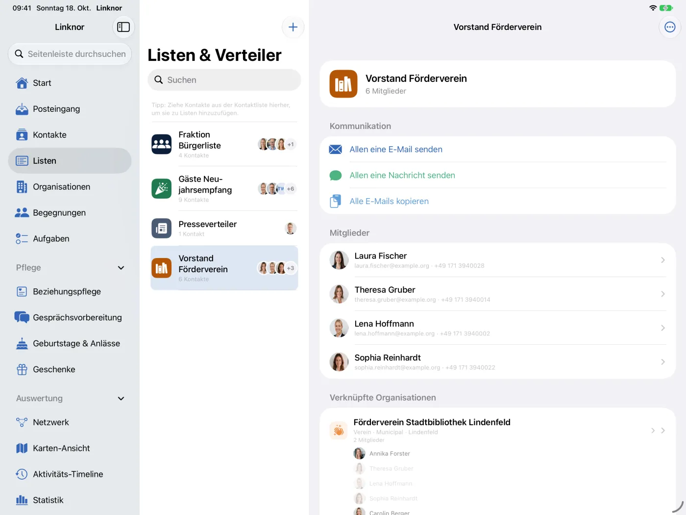 Listenkopf mit Kommunikation und Mitgliedern samt E-Mail und Telefon