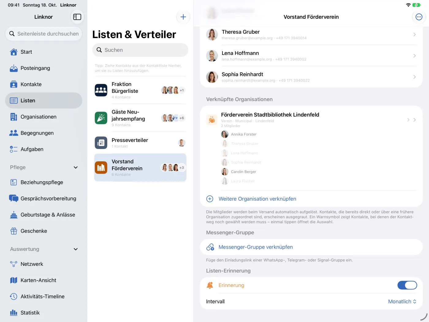 Mitglieder und verknüpfte Organisation mit Vorschau ihrer Mitglieder