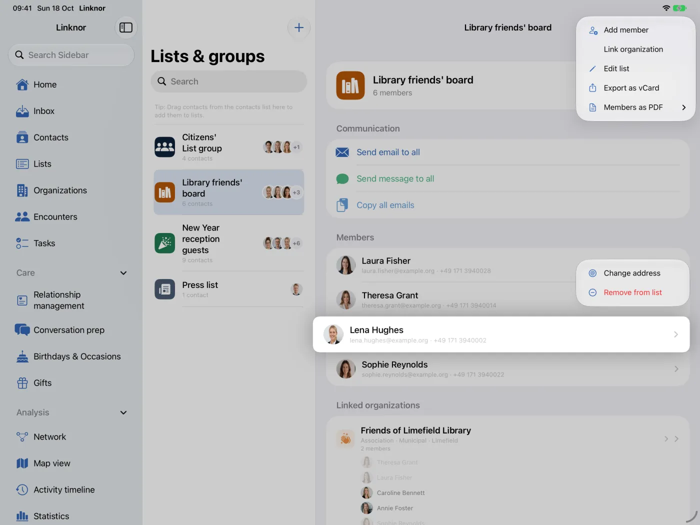 Menu « … » de la liste, avec en dessous le groupe de messagerie et le rappel de liste
