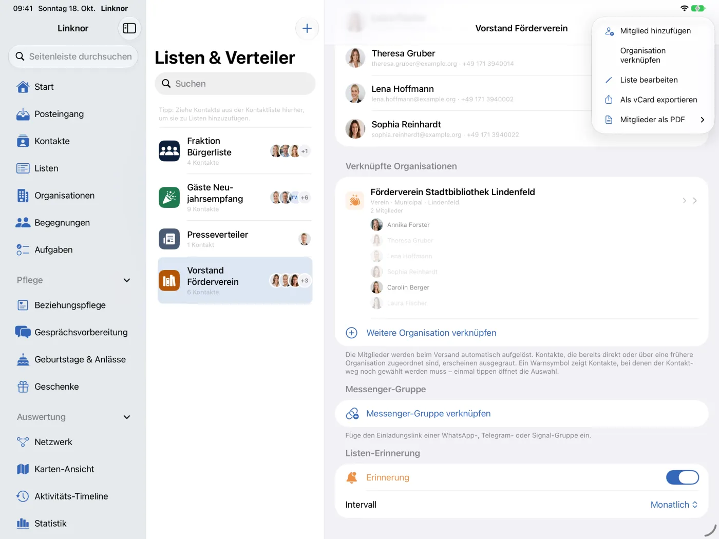 Menü „…“ der Liste, darunter Messenger-Gruppe und Listen-Erinnerung