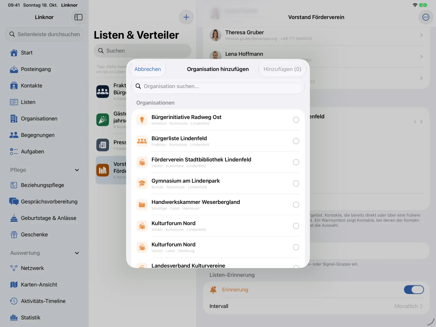 Auswahl „Organisation hinzufügen“ mit Suchfeld und den vorhandenen Organisationen.