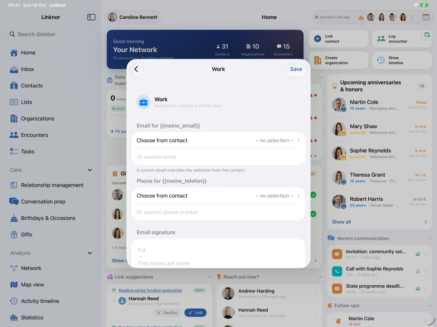 Area di vita «Lavoro»: impostare e-mail, telefono e firma email.