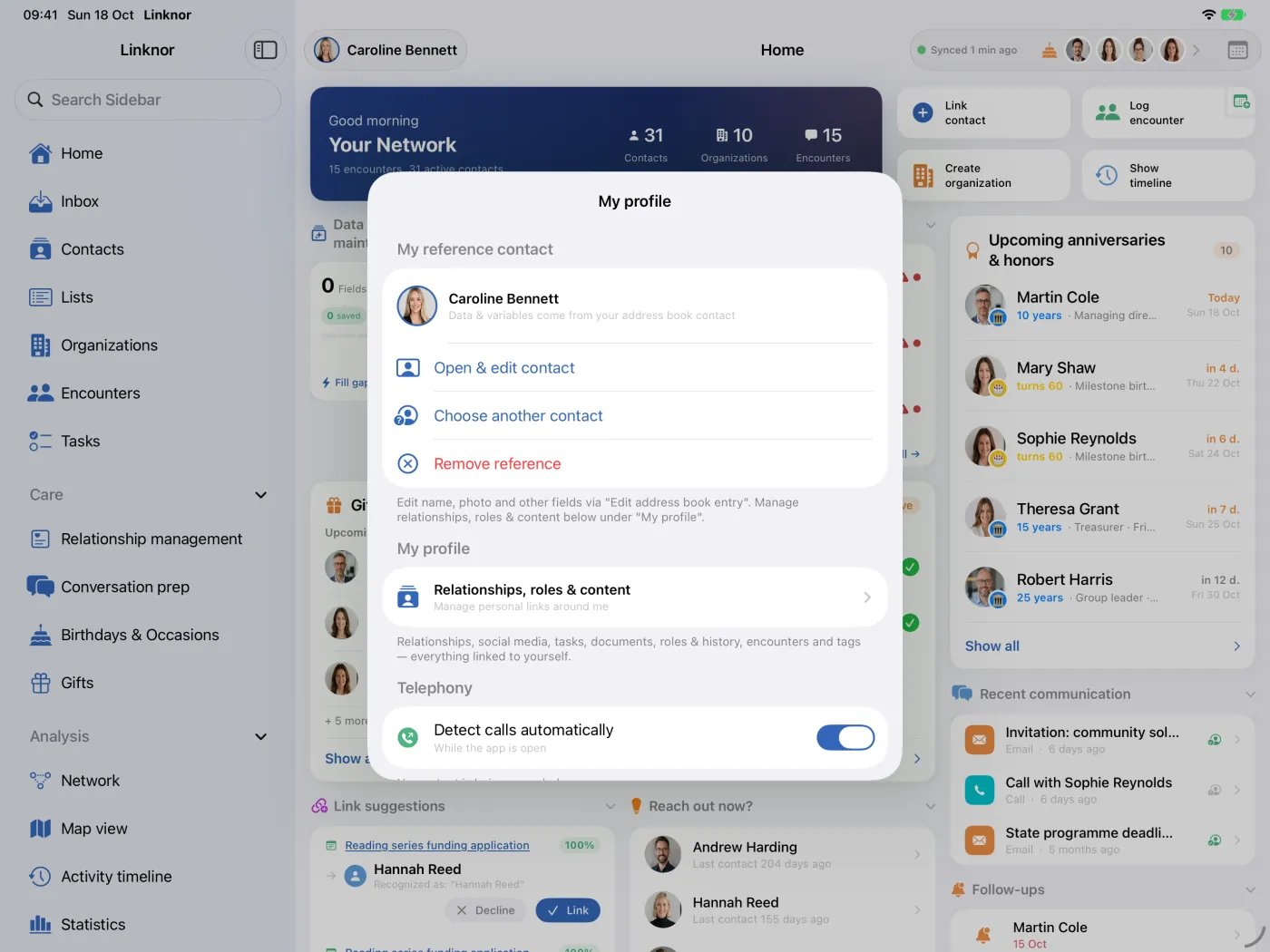 Hoja «Mi perfil»: contacto de referencia, relaciones y telefonía.