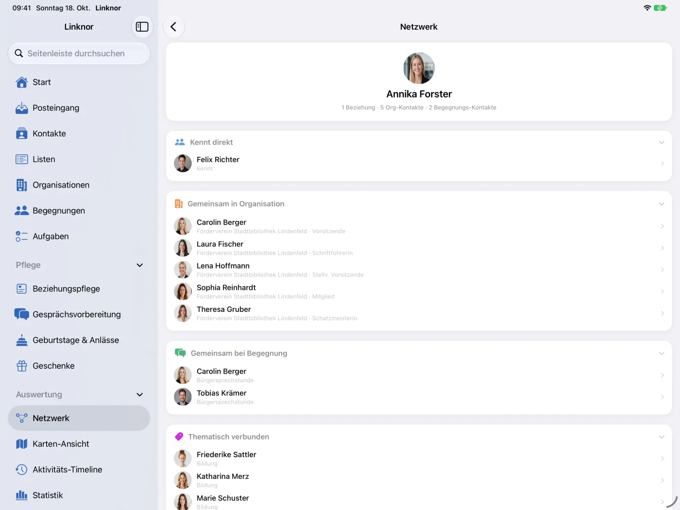 Netzwerk-Detail einer Person mit den Karten „Kennt direkt“ und „Gemeinsam in Organisation“