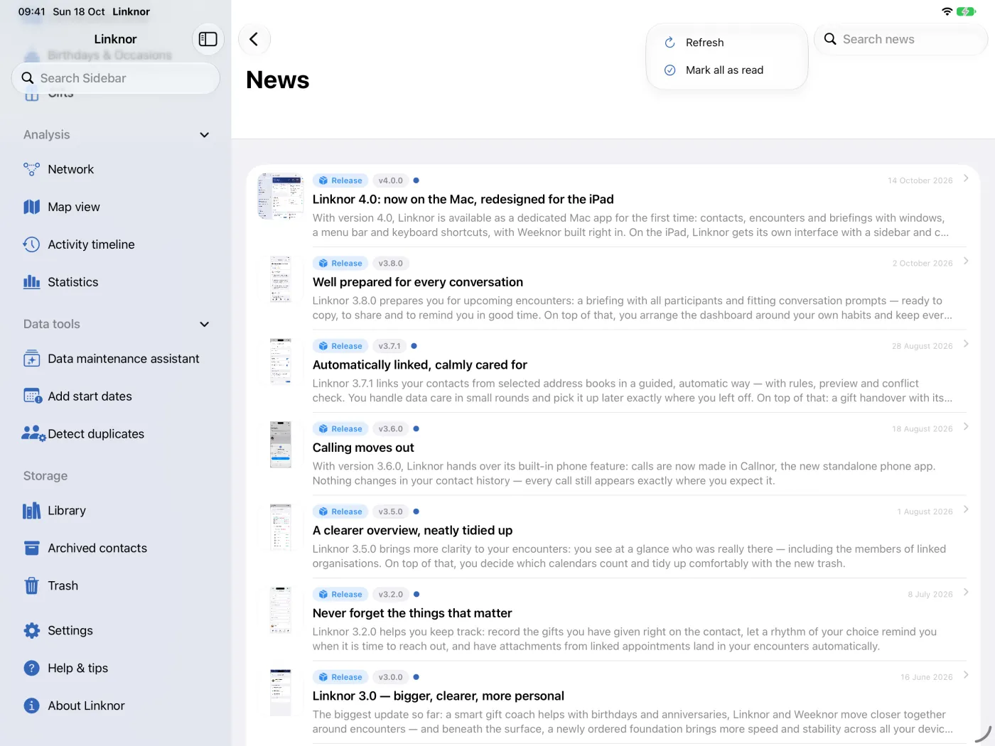 Le menu avec « Actualiser » et « Tout marquer comme lu ».