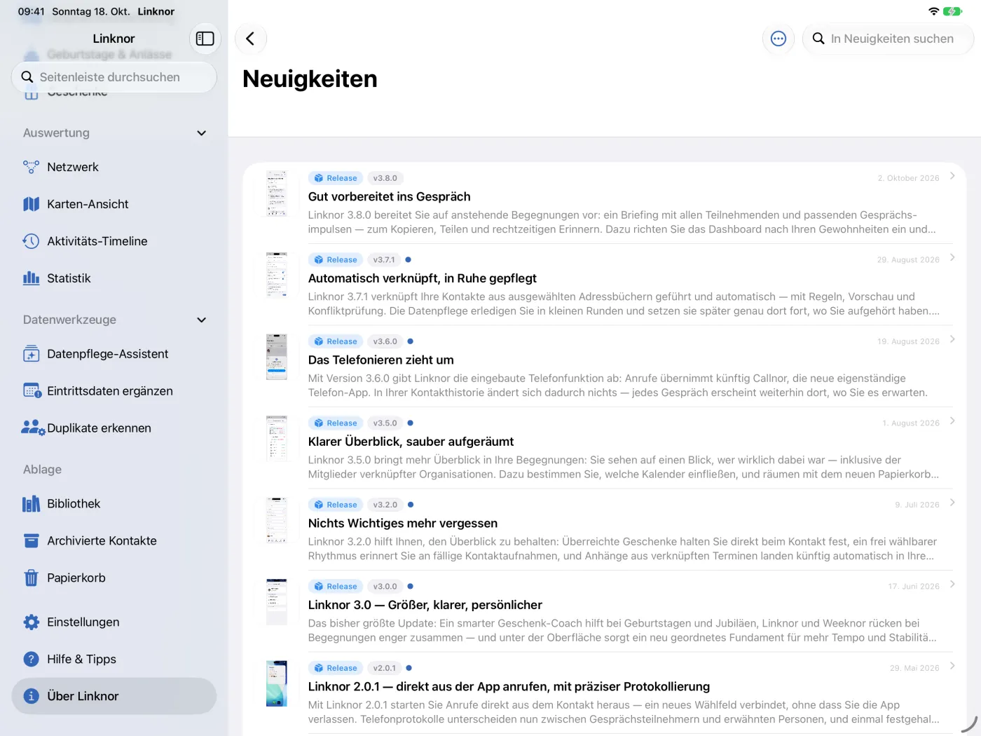 Die Liste der Neuigkeiten mit Kategorie und Datum.