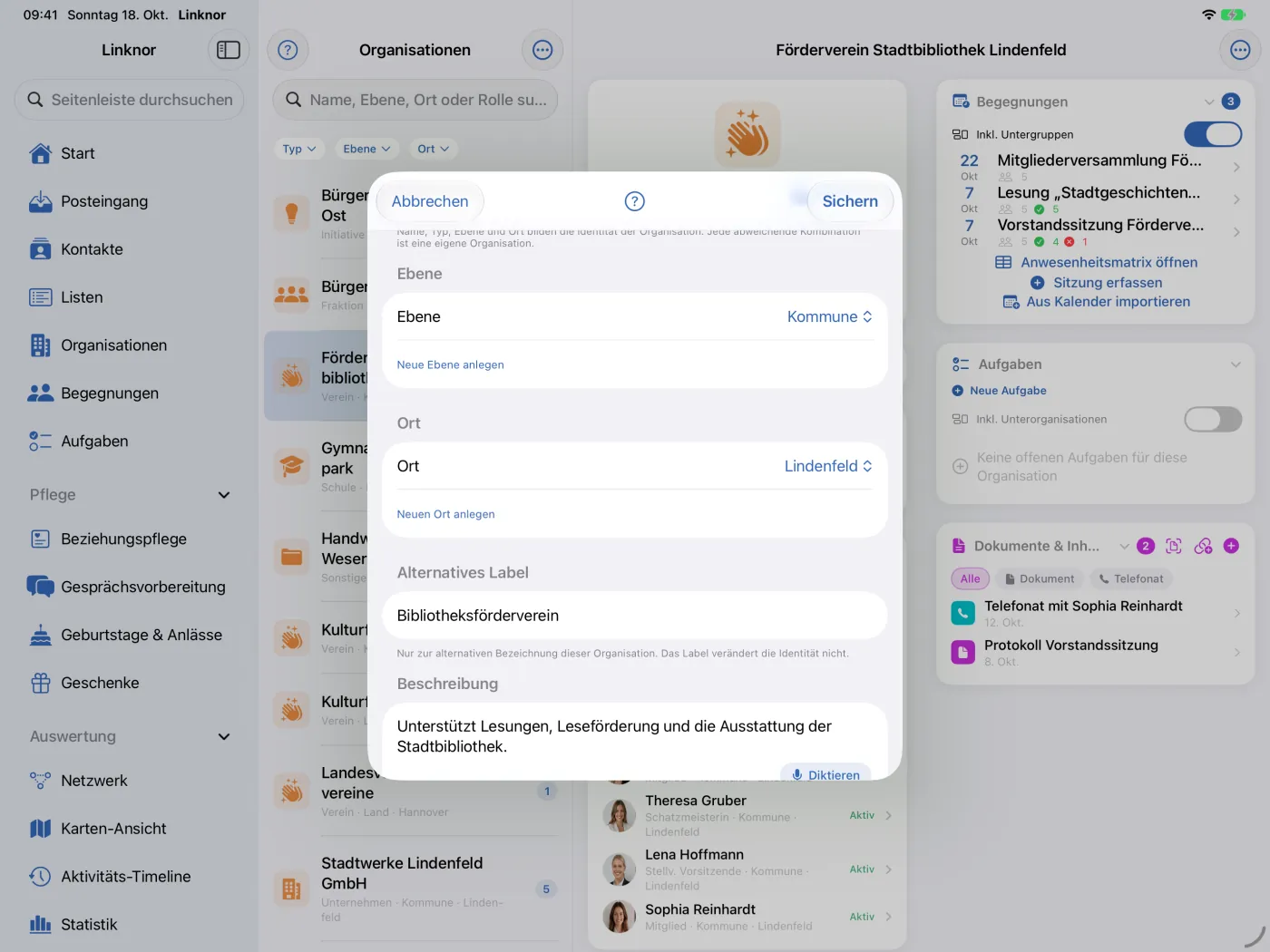 Formular „Organisation bearbeiten“ mit Name, Typ, Ebene, Ort, Label und Beschreibung