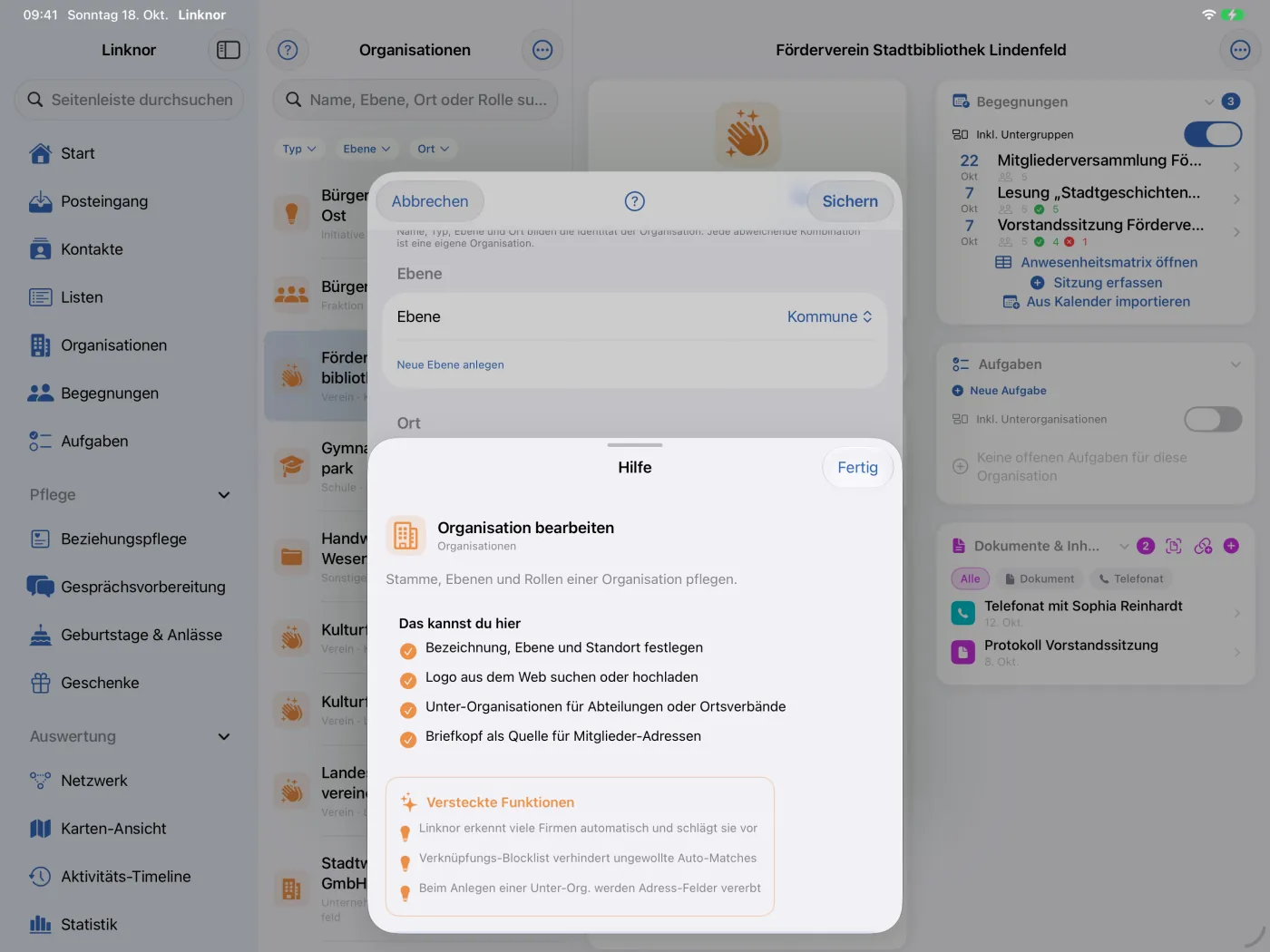 Kurzhilfe „Organisation bearbeiten“, geöffnet über das „?“ im Formular
