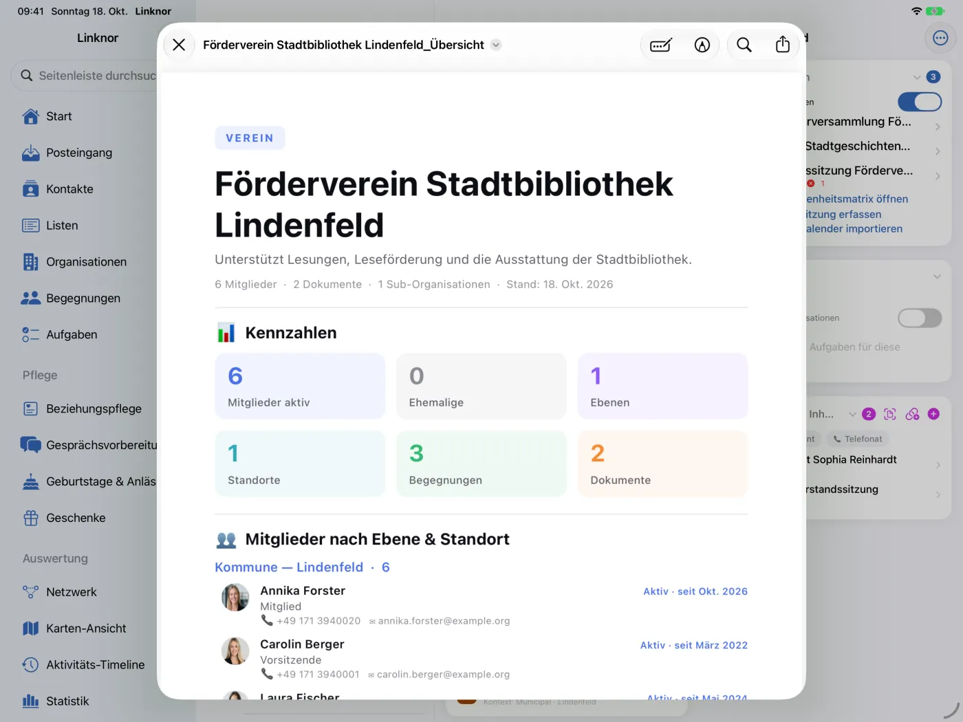 PDF-Vorschau mit Kennzahlen, Mitgliedern nach Ebene und Ort und letzten Begegnungen