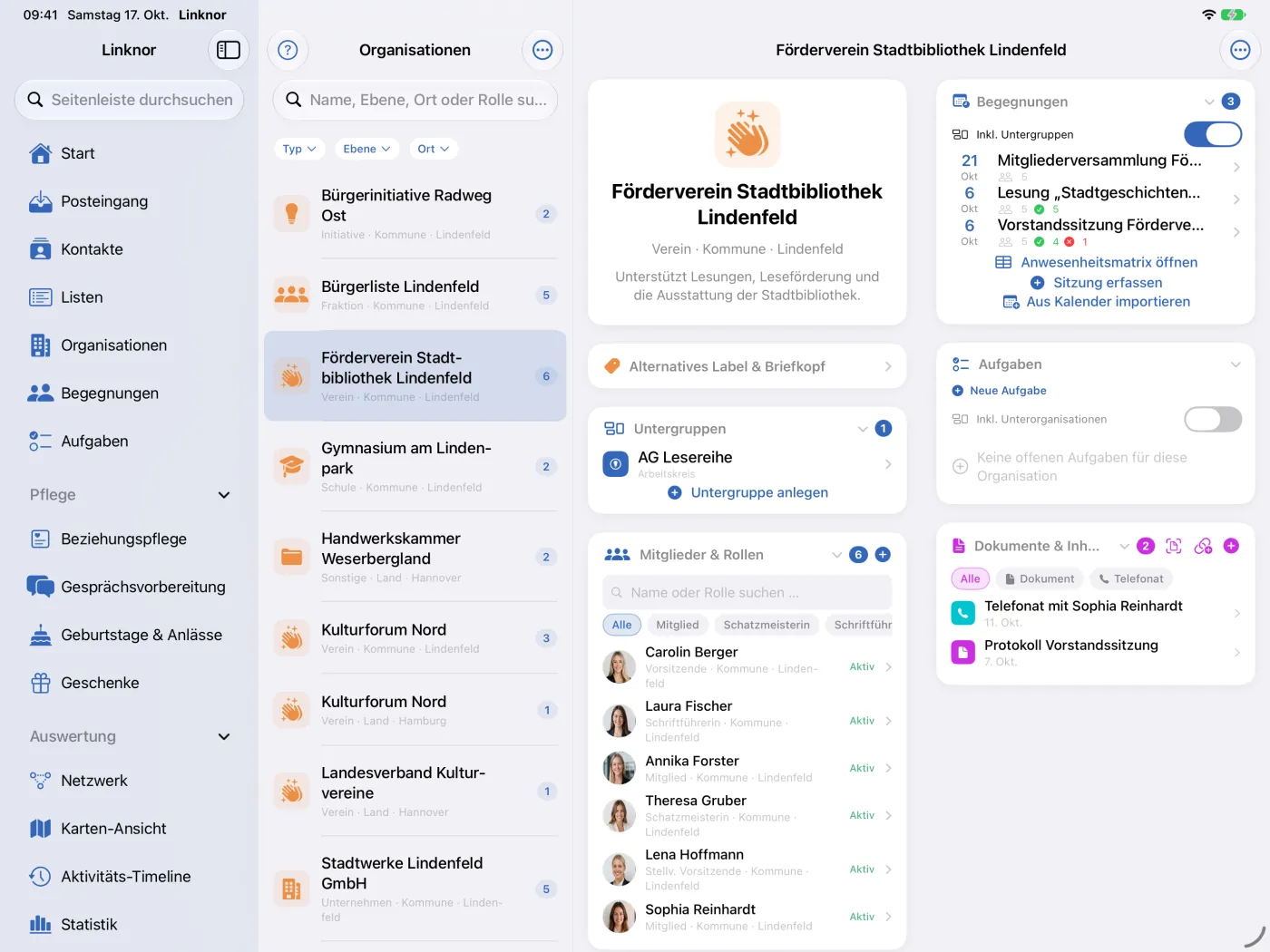 Organisationsprofil zweispaltig neben der Liste