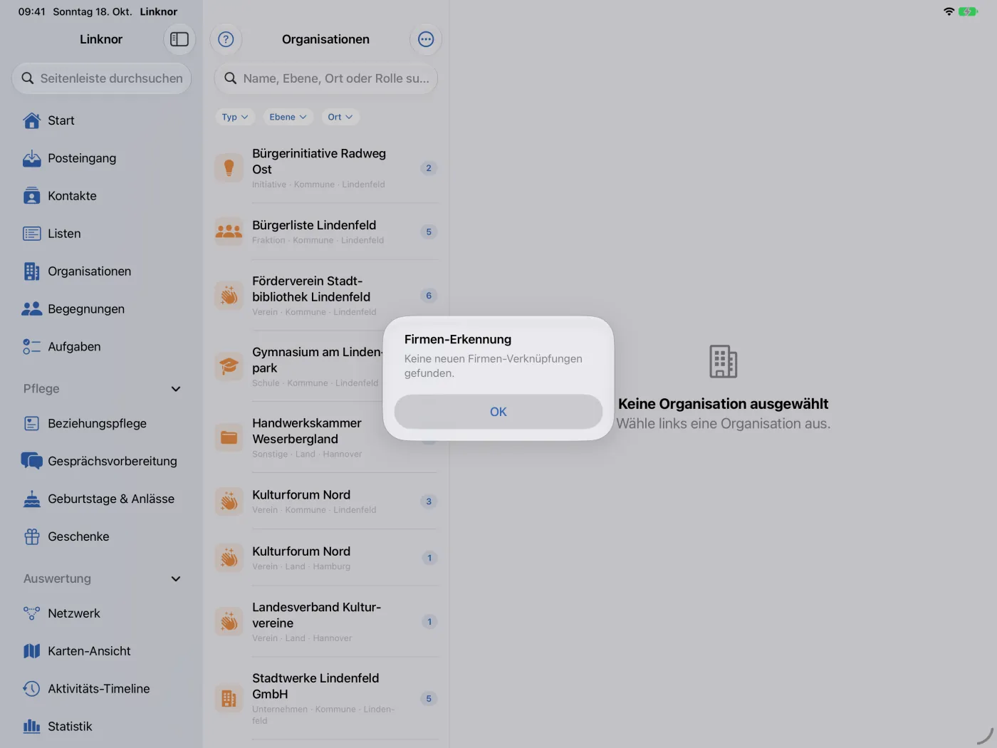 Ergebnis der Firmen-Erkennung, hier ohne neue Verknüpfungen