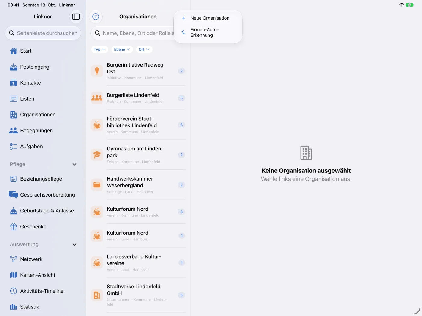 Das Menü „…“ der Organisationsliste mit „Neue Organisation“ und „Firmen-Auto-Erkennung“.