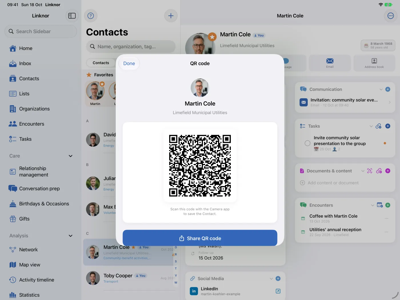 Codice QR con i dati di contatto e il pulsante «Condividi codice QR»