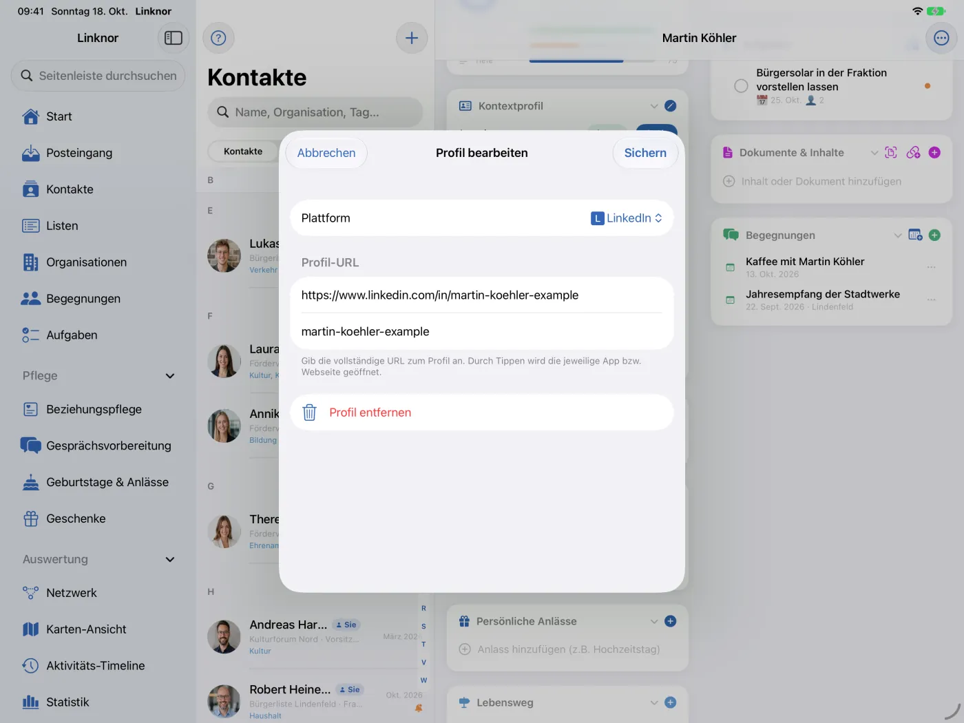 Blatt „Profil bearbeiten“ mit „Profil entfernen“