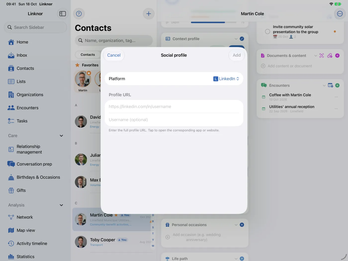 Modulo «Profilo social» con piattaforma, URL del profilo e nome utente