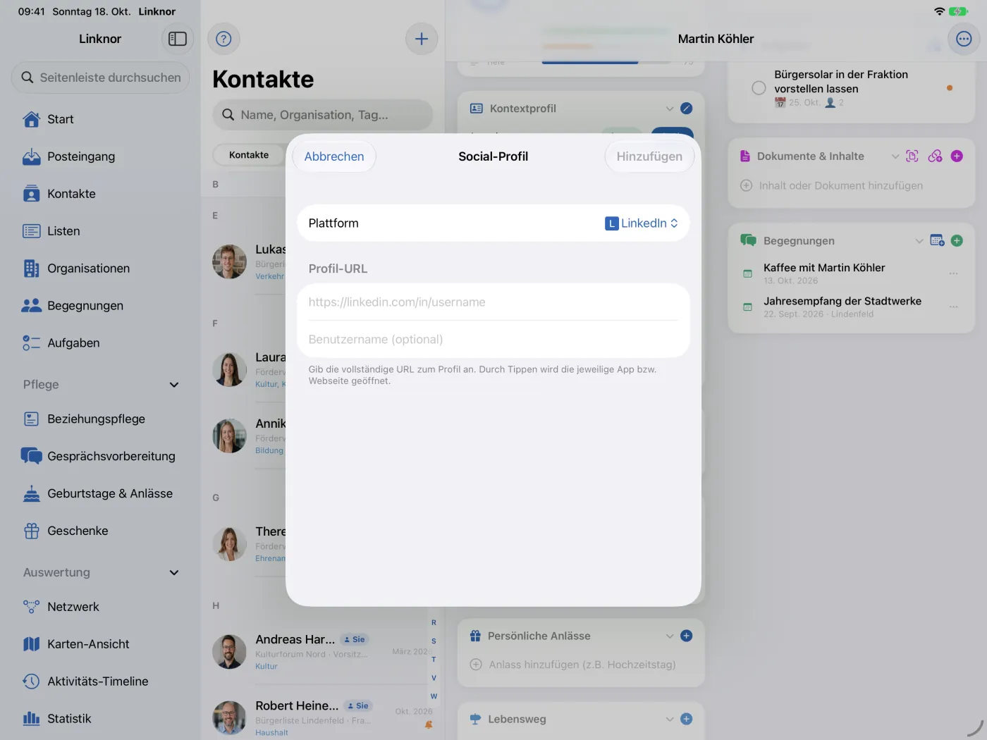 Formular „Social-Profil“ mit Plattform, Profil-URL und Benutzername