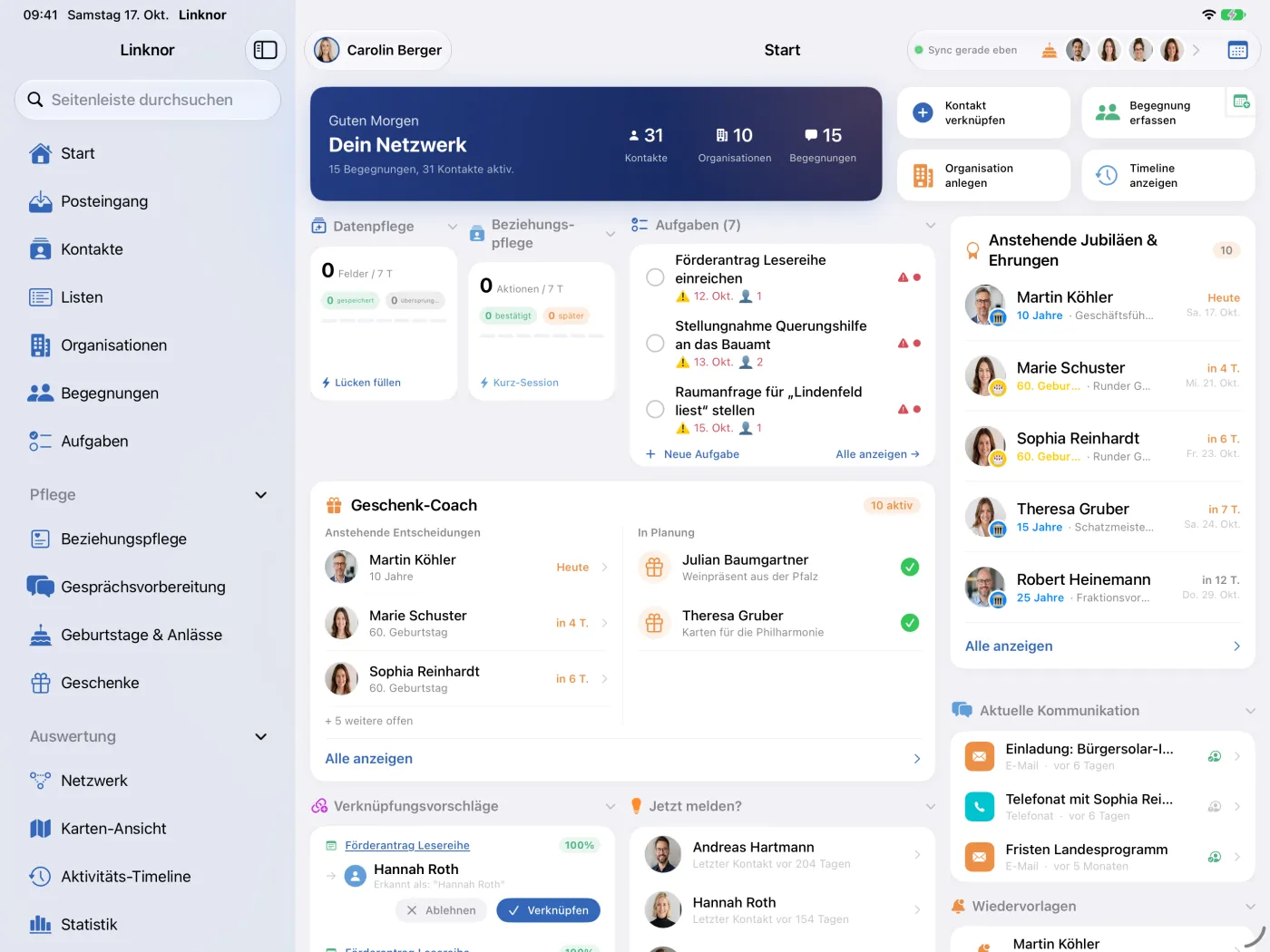 Startseite auf dem iPad: Karten im Raster, Seitenleiste links