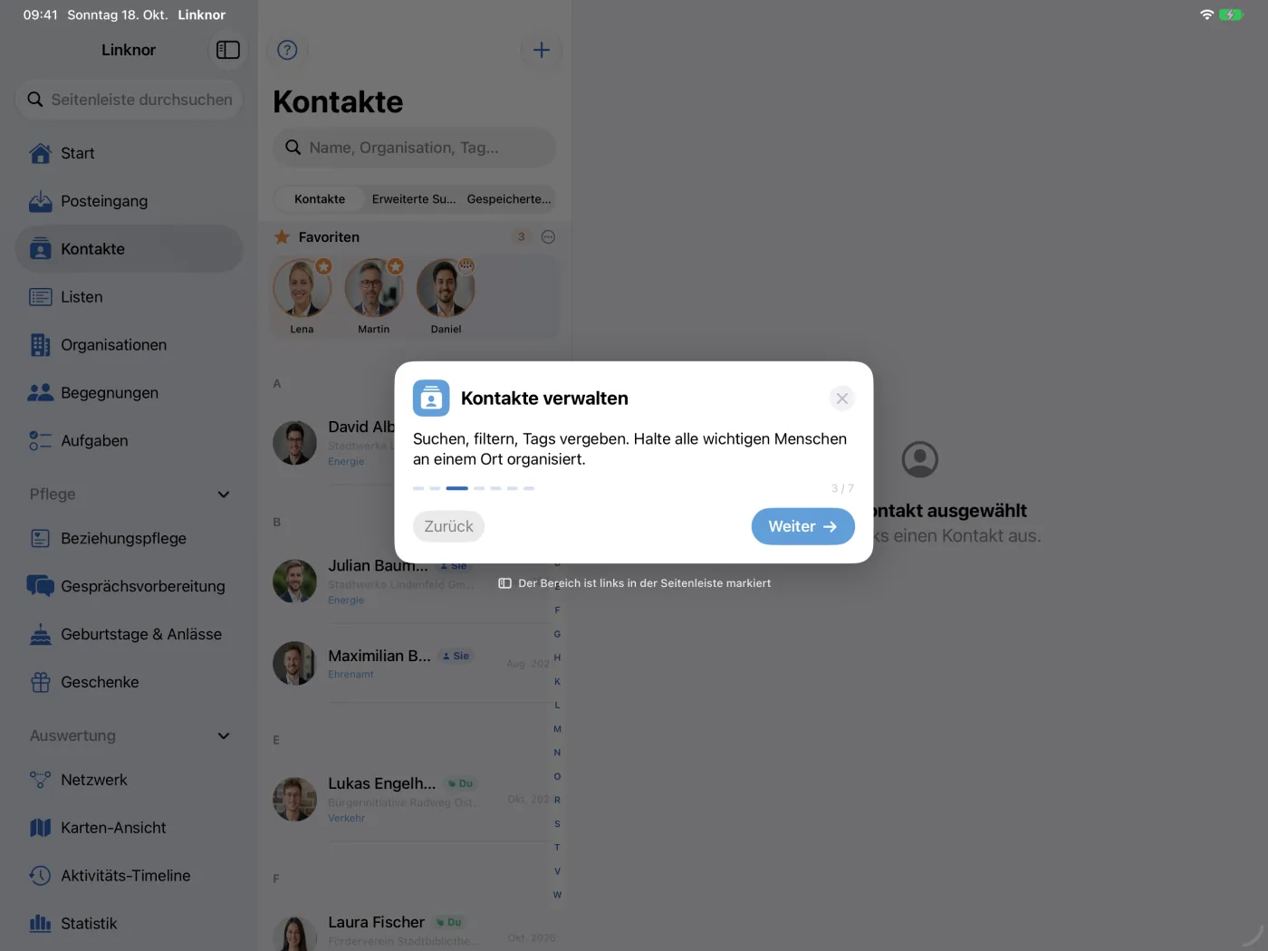 Schritt 3: „Kontakte verwalten“ im Tab „Kontakte“.