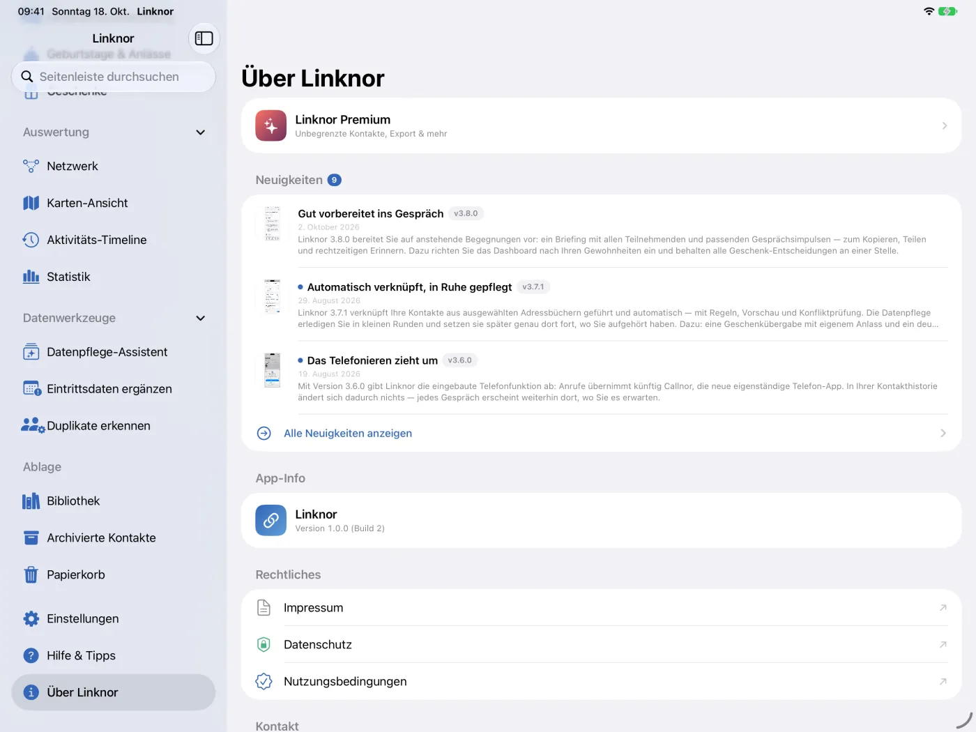 „Über Linknor“ mit Premium, Neuigkeiten und App-Info.