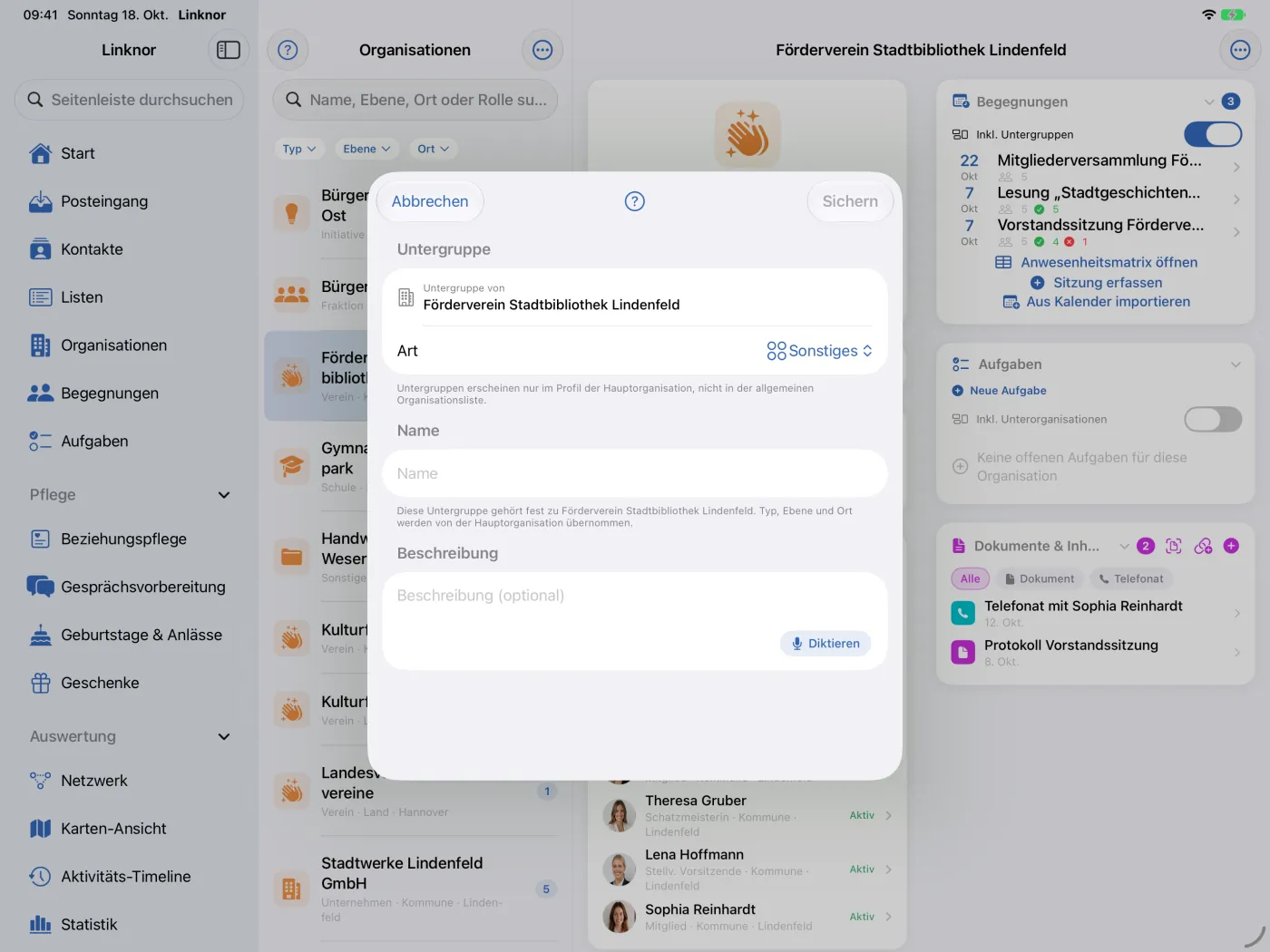 Formular für eine neue Untergruppe mit Hauptorganisation, Art, Name und Beschreibung