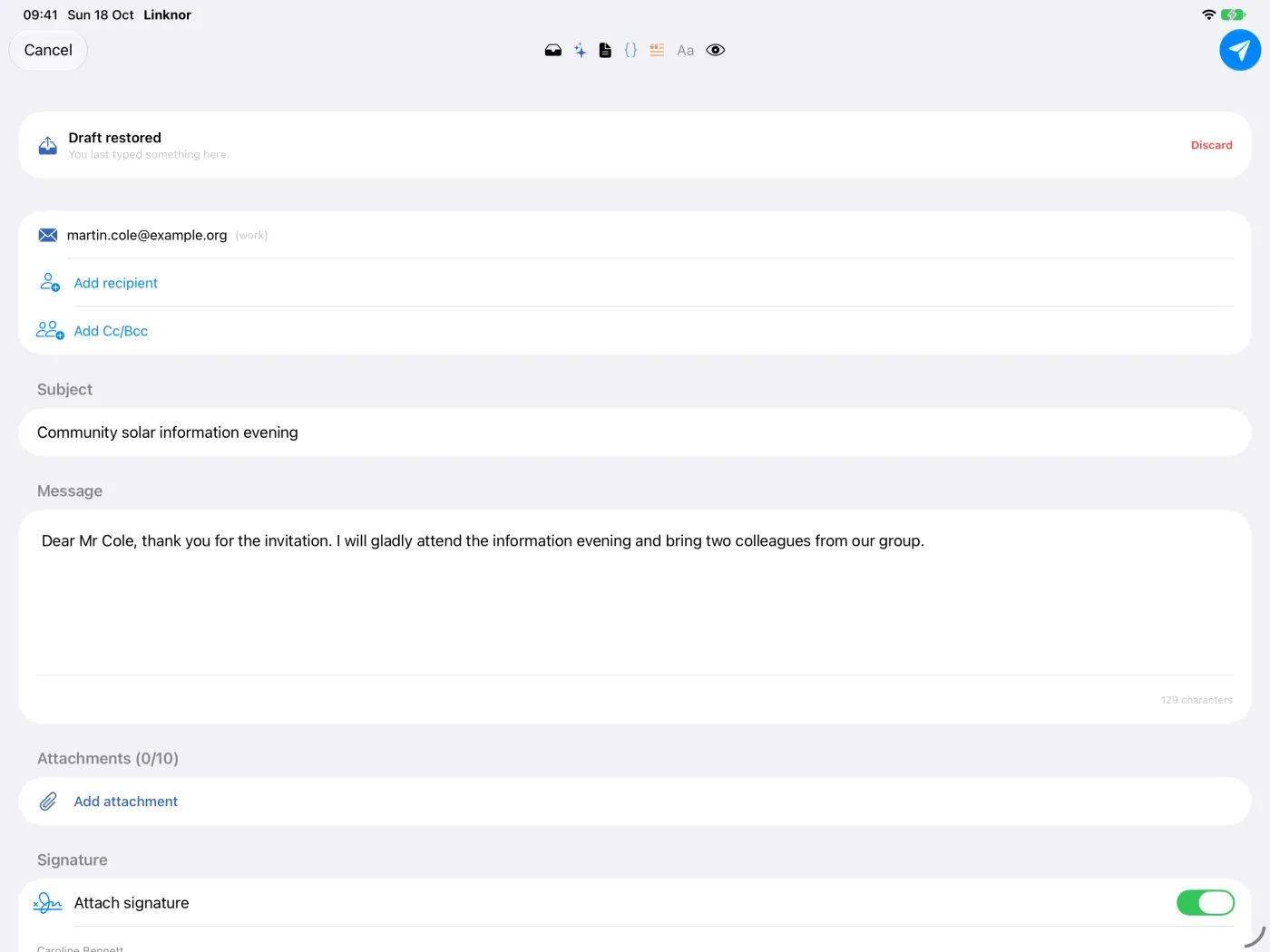 L’editor di e-mail con una bozza ripristinata, destinatario, oggetto e messaggio.