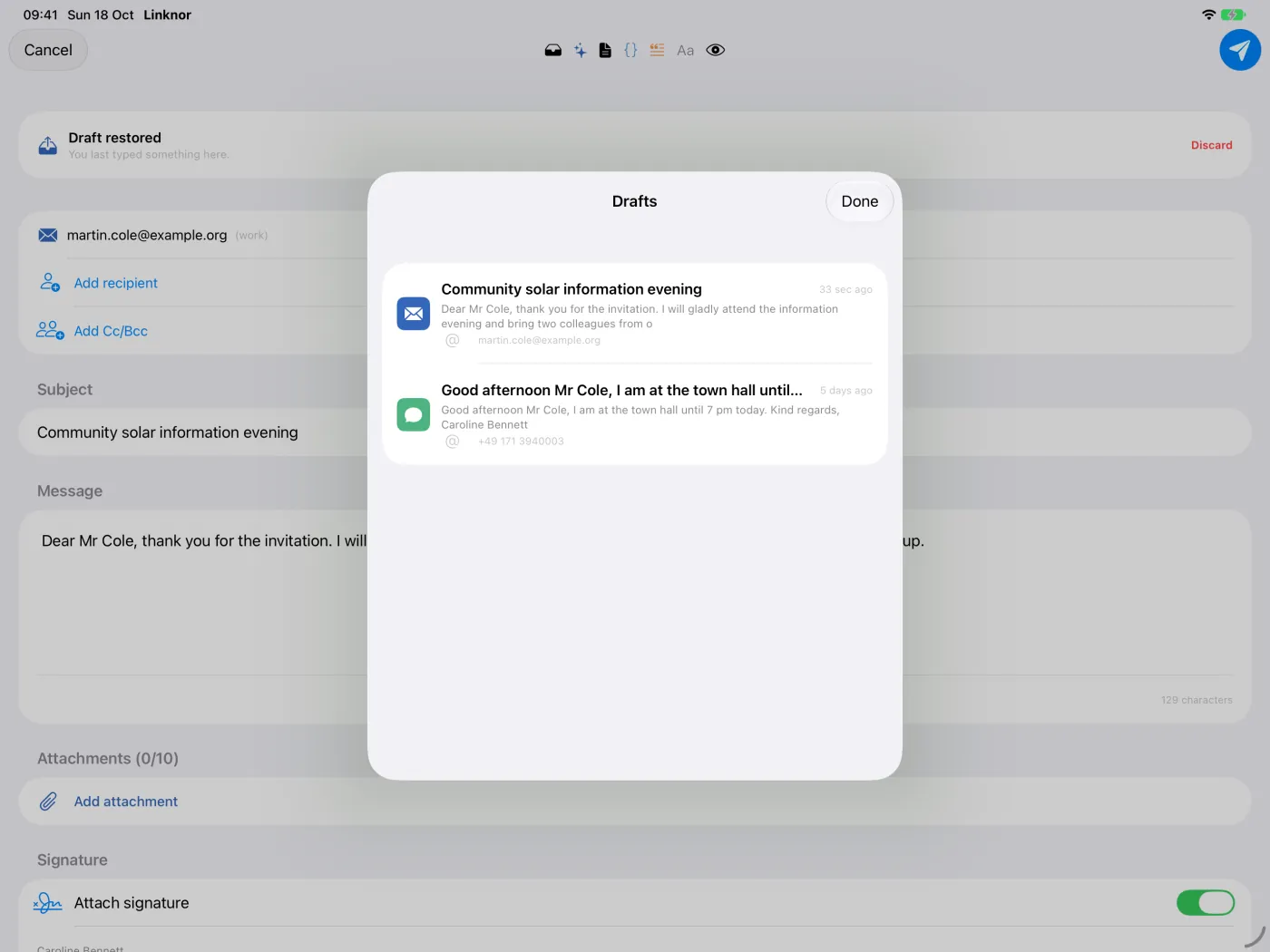 Elenco «Bozze» con una bozza di e-mail salvata