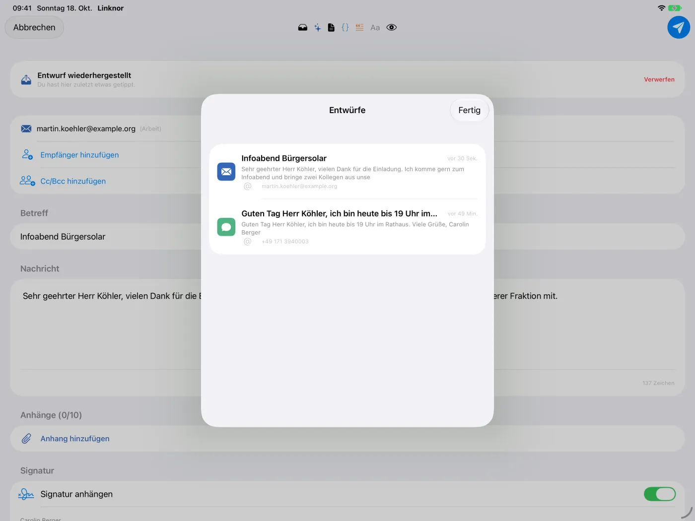 Liste „Entwürfe“ mit einem gespeicherten E-Mail-Entwurf