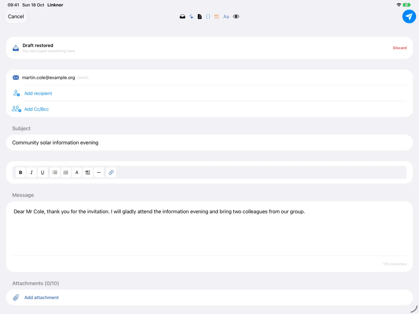 Barra di formattazione visualizzata sopra il testo del messaggio