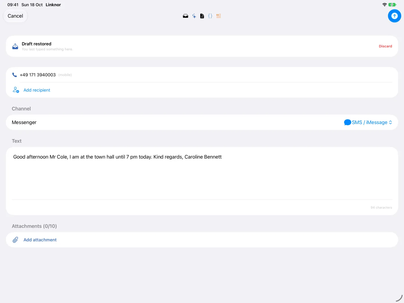 Editor dei messaggi con il numero del destinatario e il canale «SMS / iMessage»