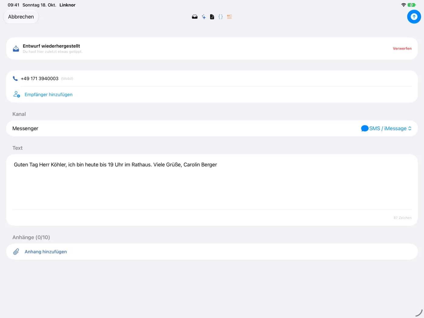 Nachrichten-Verfasser mit Empfängernummer und Kanal „SMS / iMessage“