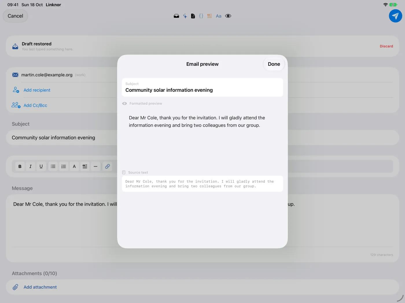 «Anteprima email» con vista formattata e testo sorgente