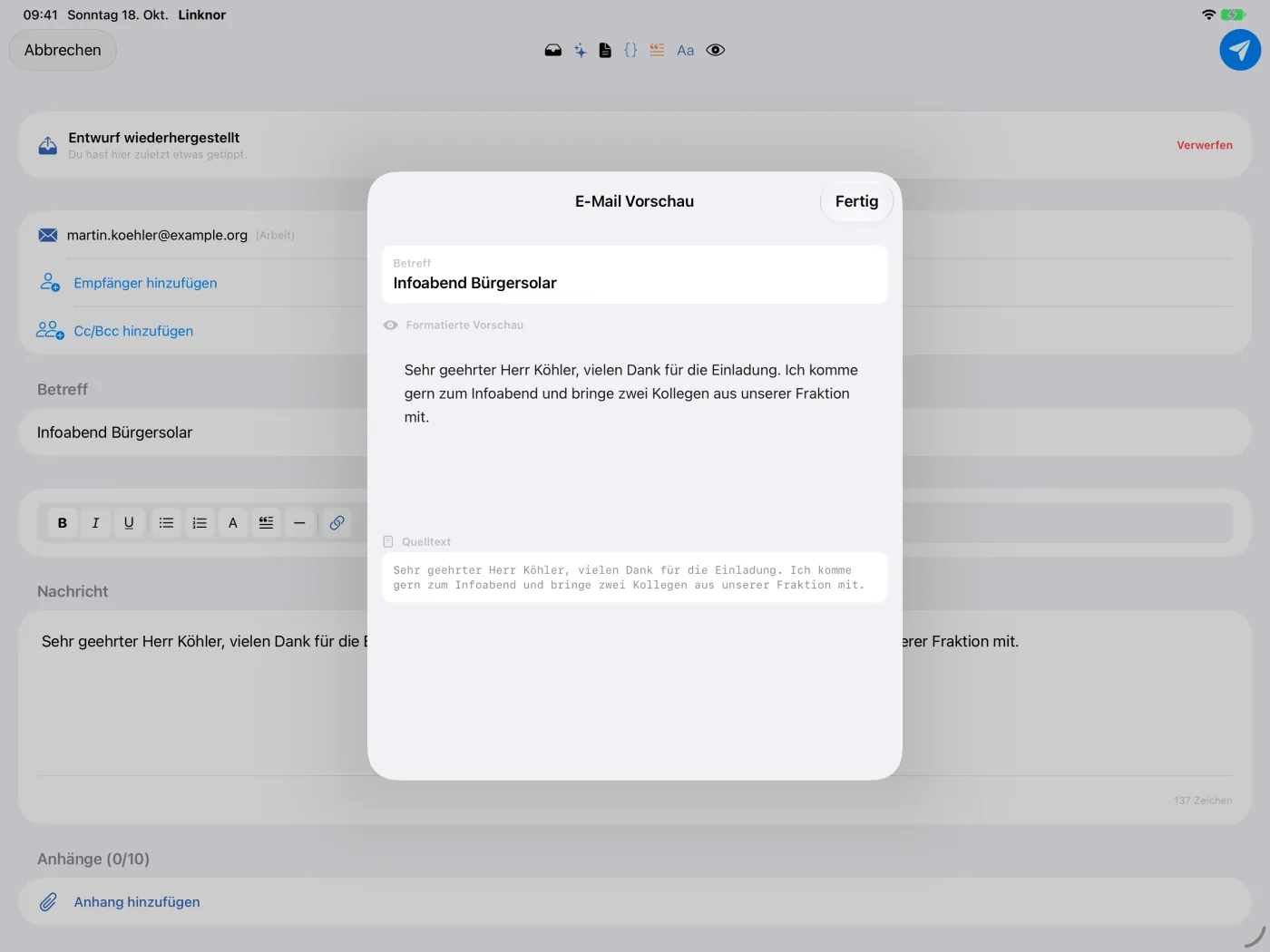 „E-Mail Vorschau“ mit formatierter Ansicht und Quelltext