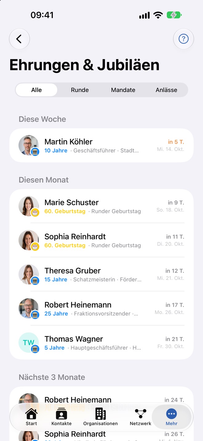 Liste „Ehrungen & Jubiläen“ mit Mandatsjubiläen und runden Geburtstagen