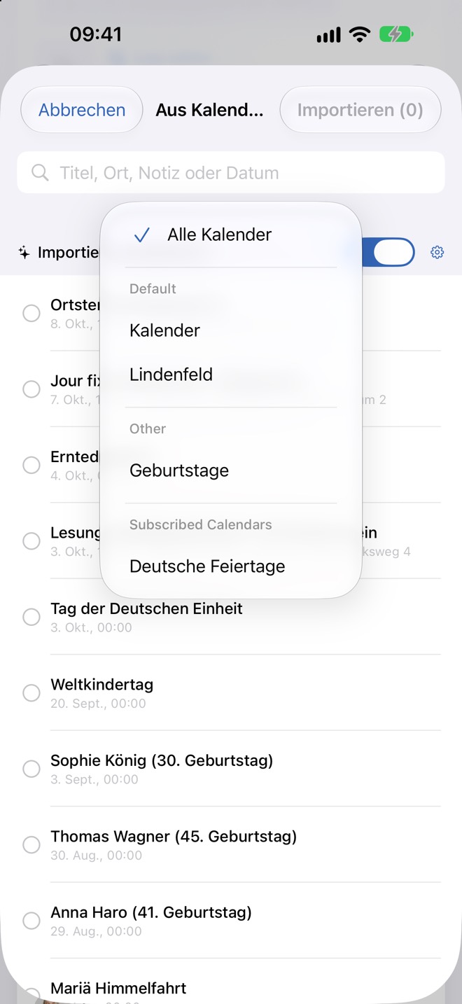 Kalender-Auswahl im Import, gruppiert nach Konten
