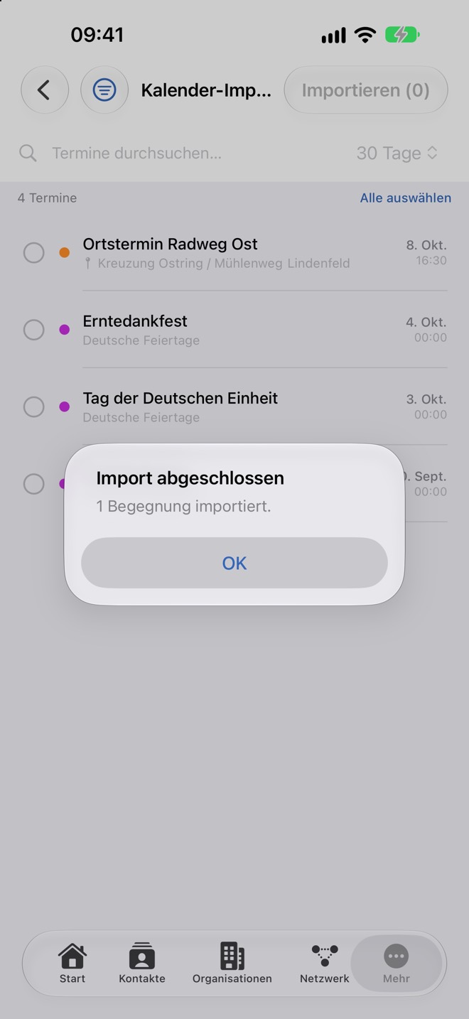 Meldung „Import abgeschlossen“ nach dem Übernehmen eines Termins
