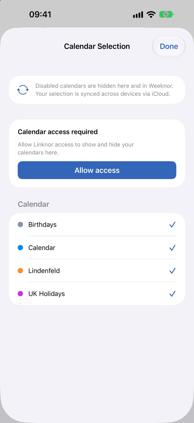 « Sélection des calendriers » : afficher ou masquer des calendriers, en commun avec Weeknor