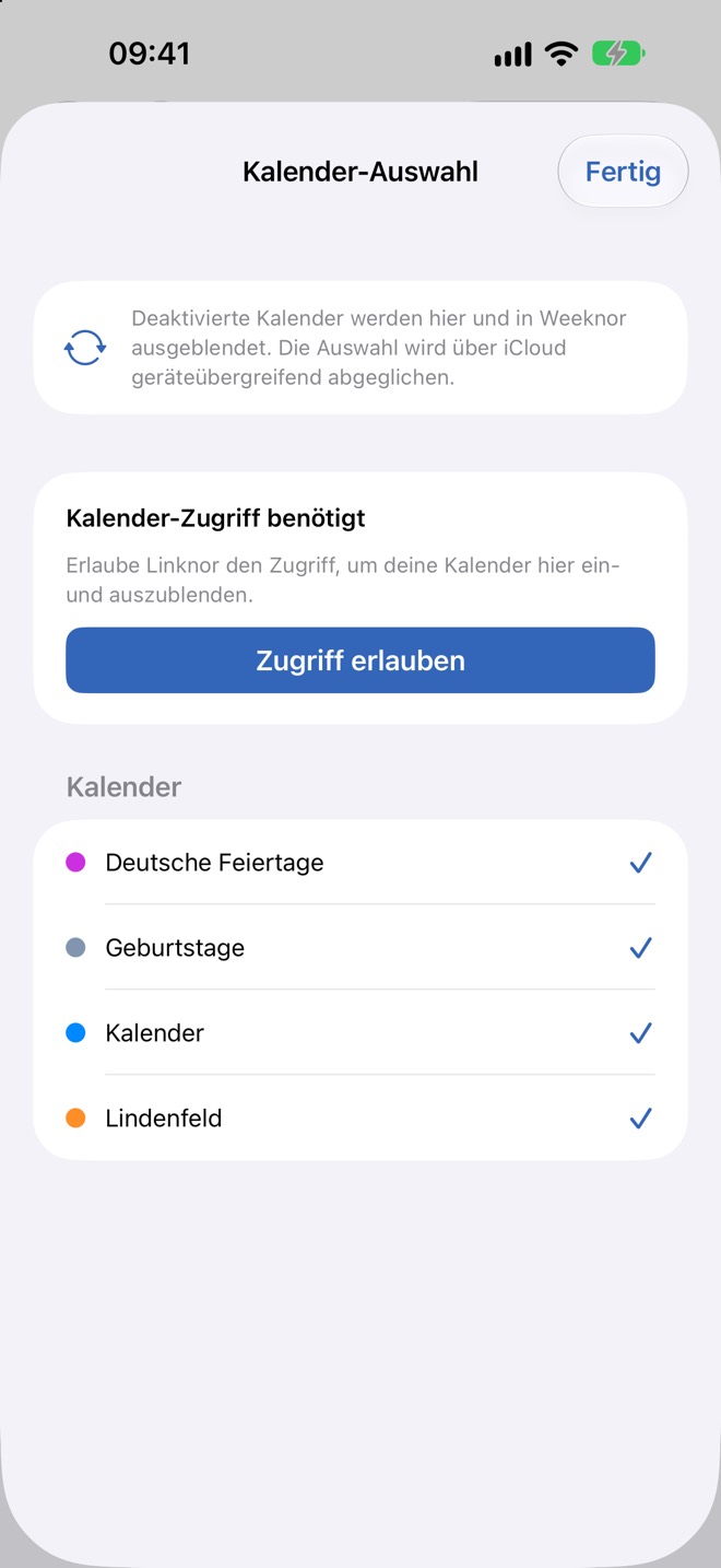 „Kalender-Auswahl“: Kalender ein- oder ausblenden, gemeinsam mit Weeknor