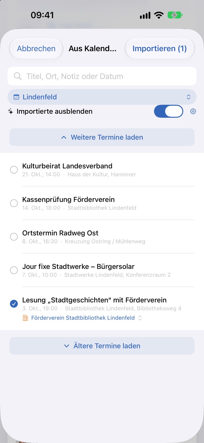 Import aus einer Organisation: markierter Termin mit zugeordneter Organisation