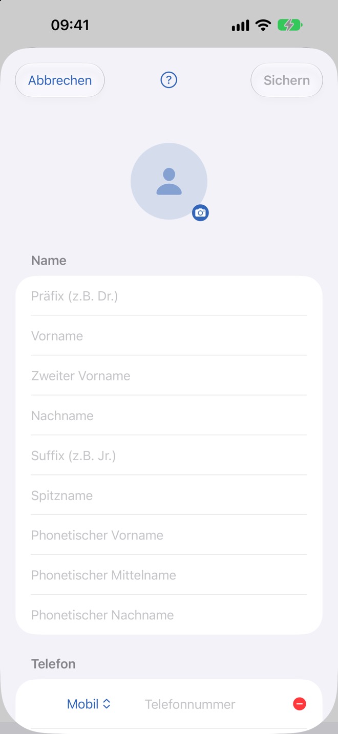 Editor für einen neuen Kontakt mit Foto und Namensfeldern