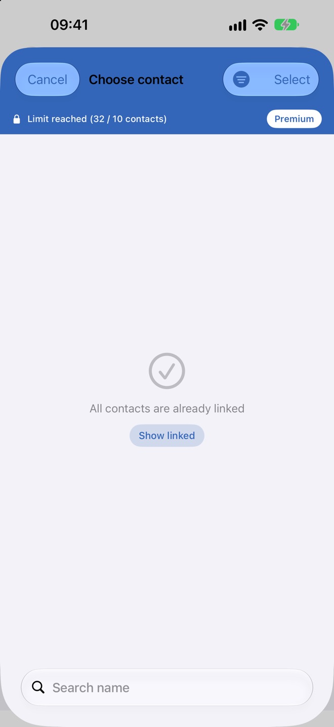 Fiche de sélection « Choisir un contact » avec le champ de recherche et l’indication du nombre de contacts