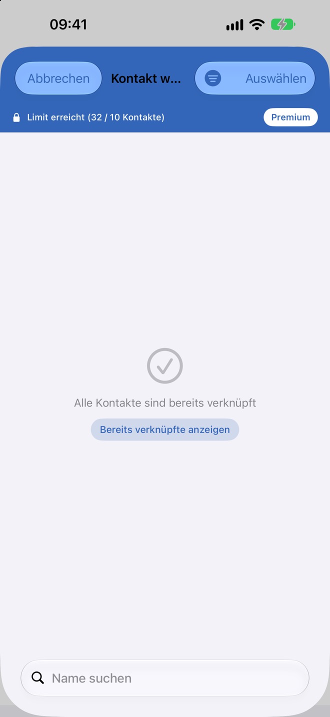 Auswahlblatt „Kontakt wählen“ mit Suchfeld und Hinweis zur Kontaktanzahl