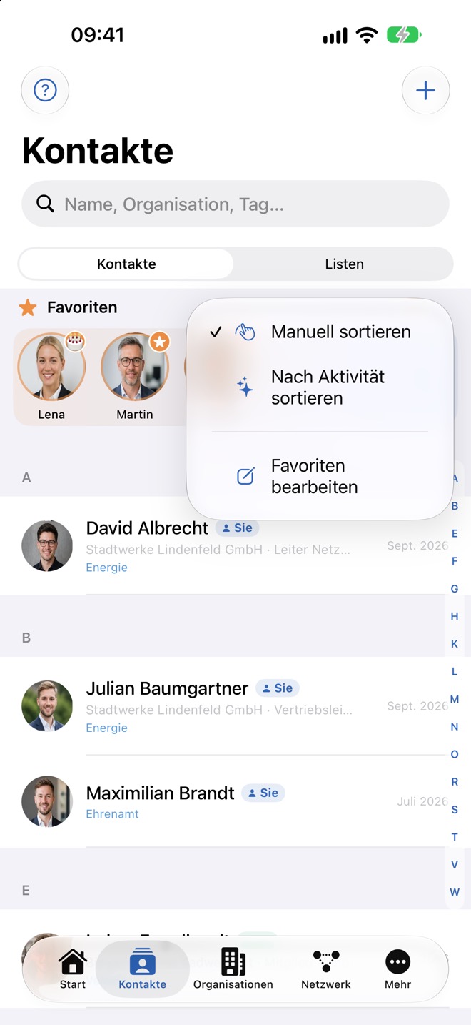 Menü der Favoriten mit Sortierung und „Favoriten bearbeiten“