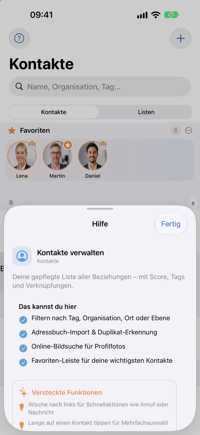 Die Hilfe-Blase im Tab „Kontakte“ mit „Das kannst du hier“.