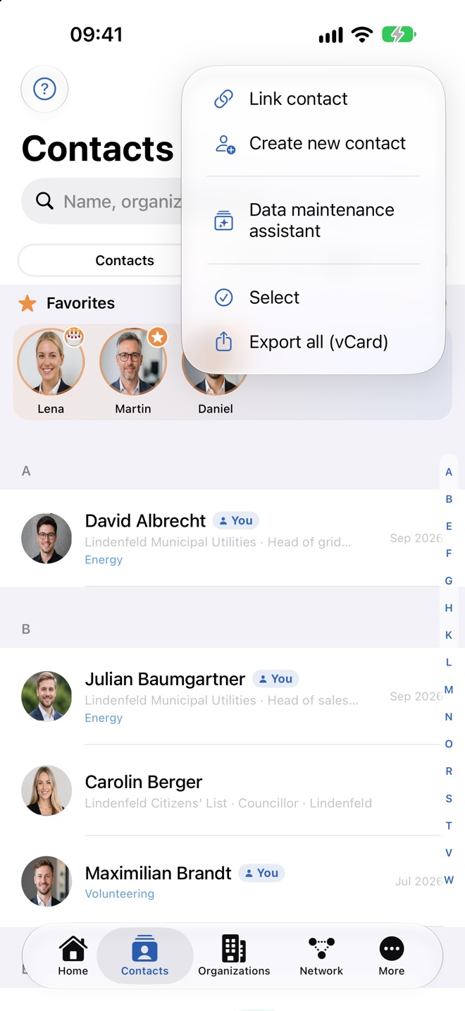 Menu plus avec « Associer un contact », « Créer un contact » et d’autres actions