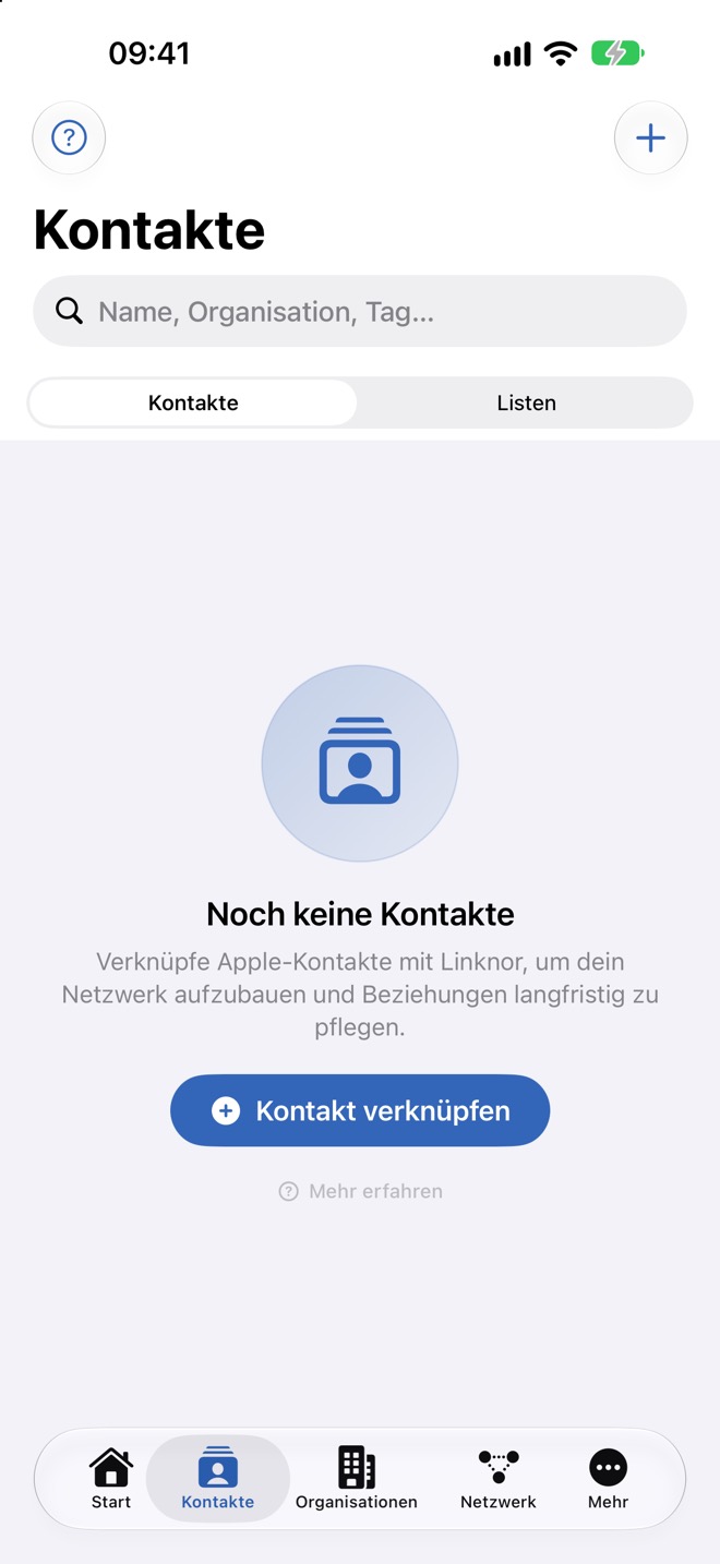 Ohne Daten zeigt der Tab „Kontakte“ den Hinweis „Noch keine Kontakte“.