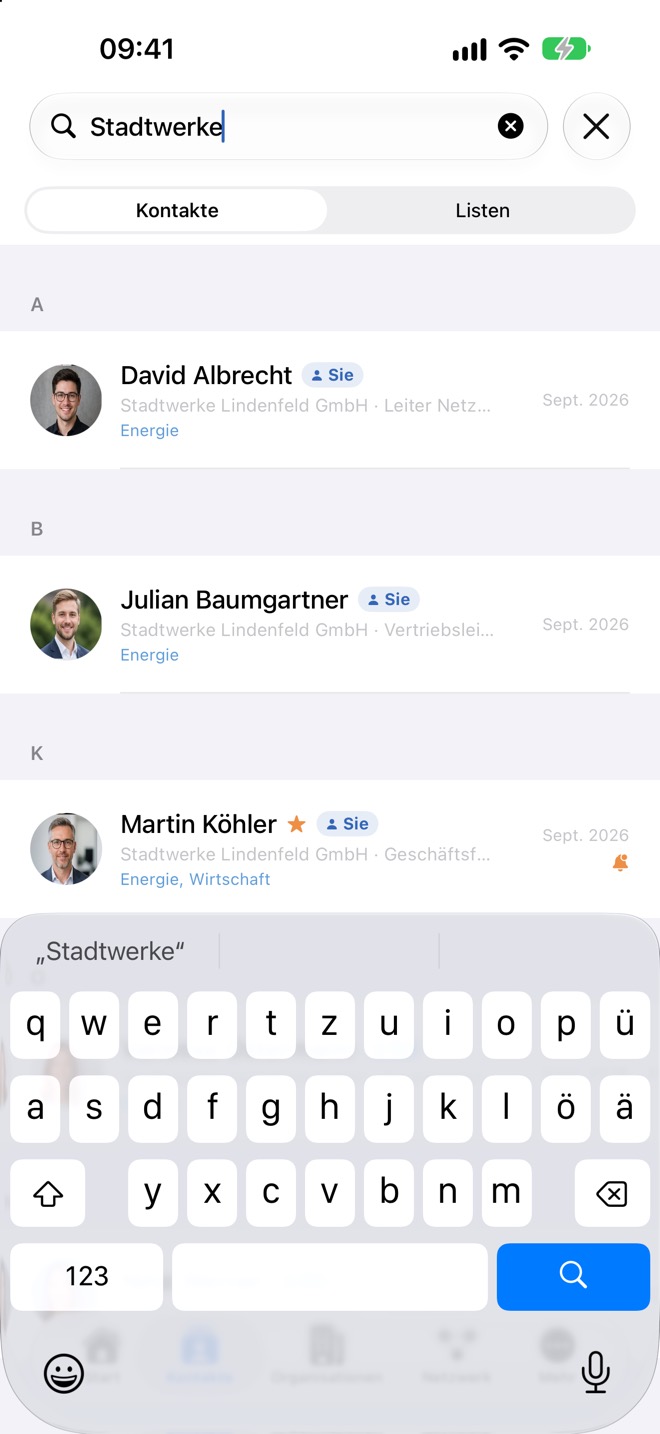 Suche nach einer Organisation mit den passenden Kontakten als Treffer